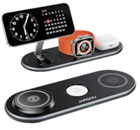 a wireless charging station with an apple watch and a clock